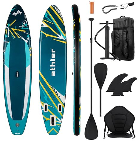 Athler Zander 350 SUP Gonfiabile fino a 180 kg – Set con Sedile Kayak, Pagaia 2 in 1, Borsa, Pompa, Pinne, Leash e Accessori – 350 x 80 cm – per Yoga e Tempo Libero