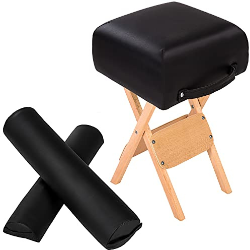 tectake® Taburete Plegable portatil con Asiento Acolchado y Funda de Cuero sintético, Accesorios Camilla Masaje Plegable, Ideal para Camilla estetica y Camilla Plegable Fisioterapia - Negro