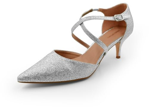 Fashion Thirsty Womens Court Shoes Ankle Strap Low Kitten Heel Shoes Ladies Comfort Plus Large Size Wedding Evening Party Classic Work Shoes Silver Glitter