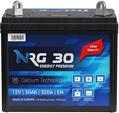 NRG Premium Batterie 30Ah 12V Rasentraktor Batterie Aufsitzmäher Plus Pol Links für Gartengeräte und Aufsitzrasenmäher