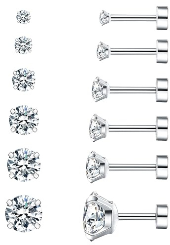 6 Pairs Hypoallergenic Cubic Zirconia Earrings Surgical Steel Flat Back Studs for Cartilage, Screw Back Fashion Jewelry