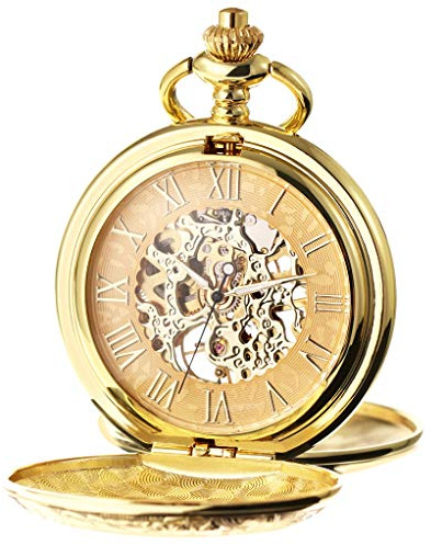 TREEWETO Reloj de bolsillo unisex con cadena, cuerda manual mecánica, doble bisagra, esqueleto antiguo, números romanos, dorado