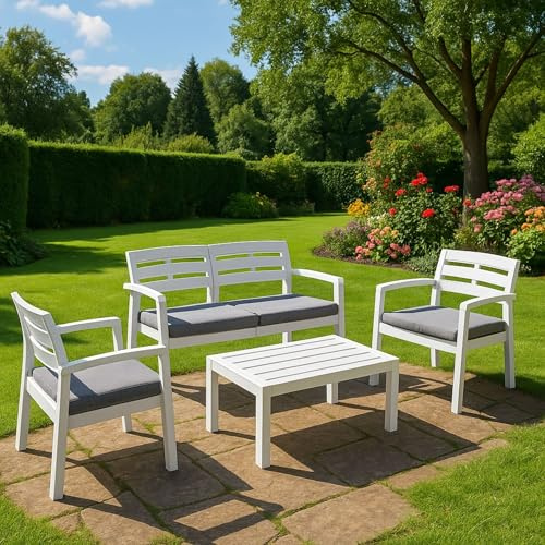 Dmora - Set Salotto da Esterno Massa, Composizione da Giardino con 2 poltrone, 1 Divano ed 1 tavolino, Salottino Indoor e Outdoor con Cuscini, 100% Made in Italy, Bianco