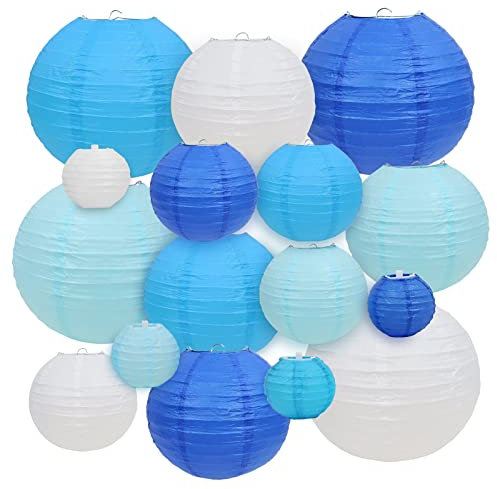LURICO 16 PCS Papier Laternen Blau und Weiß, Dekorative Lampenschirme, Runde Blau und Weiß Papierlampions Event Dekoration für Party, Hochzeit, Garten für Innen Außenbereich (10, 15, 20, 25) cm