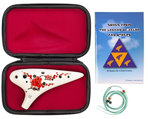 Deekec 12 Hole Ceramic Ocarina Red Plum Blossoms in Winter, Hand Painting 12 Hole Alto C with Song Book and Bag