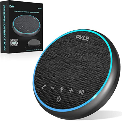 Pyle Altavoz portátil para conferencias, Altavoz BT inalámbrico Multifuncional con Cable USB C y Auxiliar, Cobertura de micrófono omnidireccional de 10 m, Ideal para Uso doméstico y de Oficina