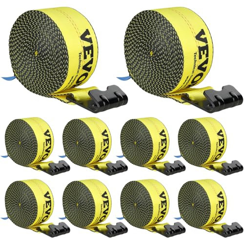 VEVOR Sangle de Treuil 10,2 cm x 9,1 m Lot de 10 Capacité de Charge 2,7 T Résistance Rupture 8,2 T Sangles de Camion avec Crochet Plat, Contrôle de Chargement pour Remorques, Fermes, Sauvetages, Jaune