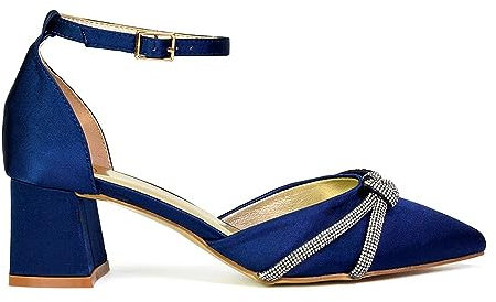 Womens Wedding Shoes Block Low Heel Ladies Ankle Strap Pointed Toe Sparkly Diamante Trim Navy Bridal Evening Party Court Shoes 5