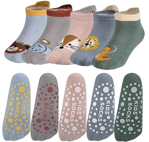 Opopark 5 Paar Grip Socken, Baby Kleinkinder rutschfeste Socken, Stoppersocken Baby, Socken aus Baumwolle mit Tiermotiv(3-5 Jahre)