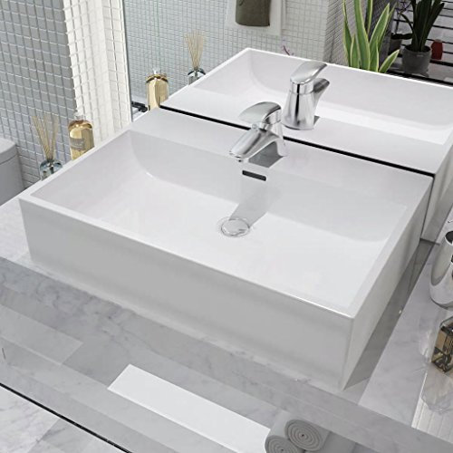 Homgoday Washbasin with Tap Hole, Ceramic, White, 60.5 x 42.5 x 14.5 cm, Washbasin, Wash Basin, Hand Washbasin, Countertop Washbasin for Bathroom and Guest Toilet