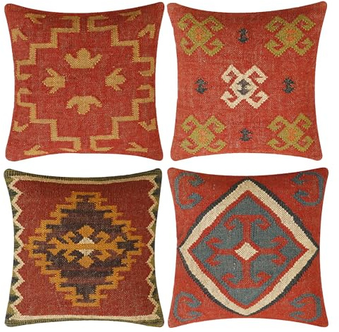 INDACORIFY Indisk ull jute kuddfodral handvävd 18x18 tum Kelim örngott dekorativa utomhus kastkuddfodral boho kuddfodral för heminredning