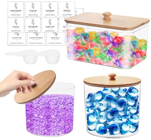 3 PCS Laundry Storage Containers, High-Capacity Plastic Washing Powder Storage Laundry Detergent Storage with Lids Labels Spoons Laundry Jars Dryer Sheet Holder Laundry Pods Container for Washing Pods