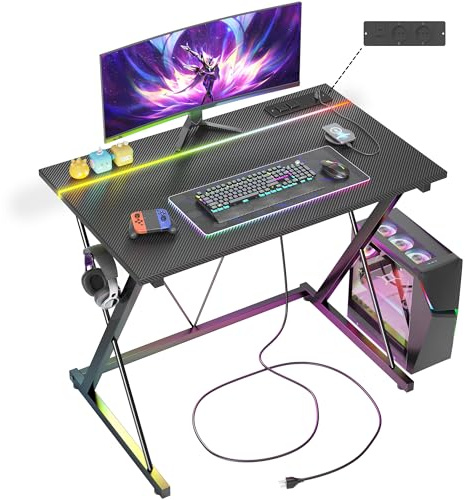 BEXEVUE Gaming Desk with LED Power Strip, 80x50 cm Computer Gamer Desk, 2 Outlets, USB and Type-C Ports, Modern X-Frame Design, Headphone Hook, Carbon Fiber Black