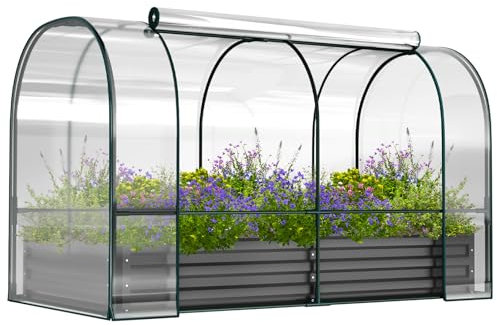 SUNYRISY Hochbeet Metall mit PVC Gewächshaus, Hochbeet für Garten mit Abdeckung und Sichtfenster, Pflanzkasten Blumenkasten Kräuterbeet Geeignet für Tomaten, Kräutern, Blumen und Gemüse