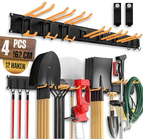 Rankomu Supporto da Parete Pesante 162.4cm (64 Pollici) – 4 Guide da 40.6cm + 12 Ganci, Portata Max 200kg (441 lbs), Rimovibile, Antiruggine, Organizzatore per Garage, Officina, Giardino & Caschi