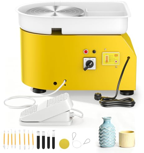 Torno Alfarero,350W Torno Ceramica 0-300r/min,25CM Rueda de Alfarero con Pedal y Lavabo Desmontable Para Herramientas de Modelado para Principiante y Amante de Creación de Cerámica (Amarillo)