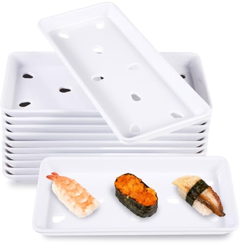 Acellegic 12 Pack Sushi Plates with Drip Holes Melamine Drain Sashimi Plate 8 x 3.75 Japanese Cuisine Chef Display Serving Tray for Sushi Case Raw Food Preparation Storage Restaurant Supply (White)