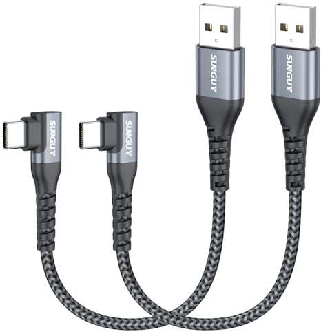 SUNGUY Cable USB A USB C 0.15M [2Pack], 90 grados Cable USB Tipo C 3A QC3.0 Carga Rapida transferencia para iPhone 17/16/15 Pro Max, Galaxy S25 S24, Pixel, iPad