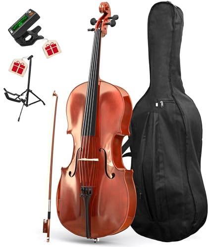 PYY Cello 4/4 Full Size - Solid Wood Acoustic Cello Package Perfect for Students & Adult Beginners, Includes Case, Bow, Stand, Rosin, Tuner & Extra Strings