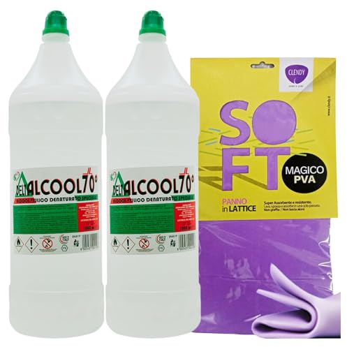 SET: Alcool Etilico Denaturato 70° Speciale, Ideale Per Igienizzare Tutte Le Superfici Compatibili 1000ml + Panno SOFT In Lattice, Formato 30x30cm (2 Flaconi + 1 Panno)