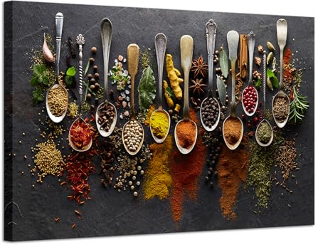 iHAPPYWALL Large Kitchen Pictures Wall Decor Couful Spice in Spoon Vintage Canvas Wall Art Food Photos Painting On Canvas Stretched and Framed for Home Decoration Gift Ready to Hang 24x36inch