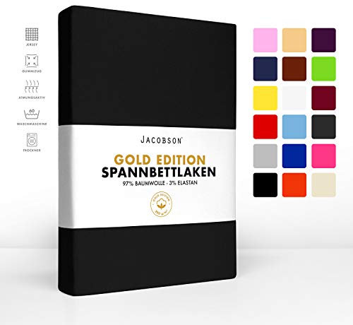 JACOBSON Gold Edition Jersey Spannbettlaken Spannbetttuch Baumwolle mit ELASTAN ca. 200 g/m² (90-100 x 220 cm + 40cm, Schwarz)