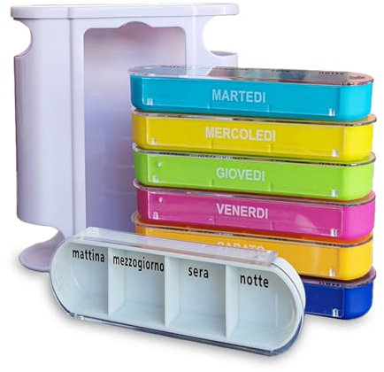 PortaPillole Settimanale/Giornaliero in ITALIANO, 7 Giorni della Settimana, 28 Scomparti, Porta Pastiglie Tascabile, Dispenser Organizer da Viaggio Farmaci, Medicine, Capsule, Compresse, Pasticche.