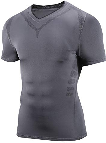 AMZSPORT Camisa de Compresión para Hombre Camiseta de Manga Corta Capa Base Seca y Fresca Fitness Top, Gris Oscuro L