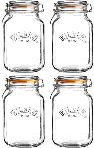 Kilner Clip Top Square Jar Ideal for Preserving Fruit/Vegetables 2 Litre Clear (Pack of 4)