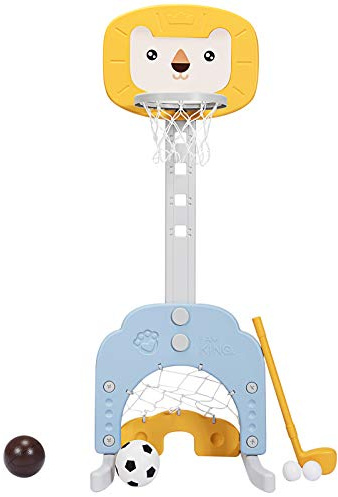 COSTWAY Panier de Basket pour Enfant Plus de 3 Ans,3 en 1 Centre d'Activité Sportives avec Basketball, Football, Golf, Hauteur Réglable de 77 à 116CM, pour Garçons et Filles,Lion(Jaune)