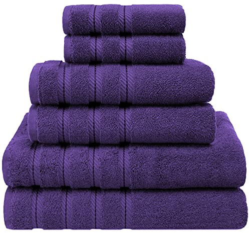 American Soft Linen 100% Carde Cotton 6 Piece Towel Set, 590 GSM Heavy Weight Soft Absorbent Turkish Towels for Bathroom, Rich Purple