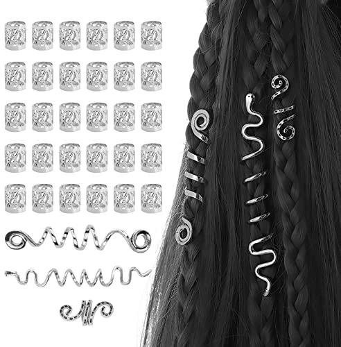 Laughhe 28PCS Dreadlocks Schmuck, Haarspiralen Clips Verstellbar Cuffs Haar Flecht Perlen Dreadlocks Perlen, Wikinger Haarschmuck Damen Haarperlen Braids Legierungs Zubehör für Frauen Männer (Silber)