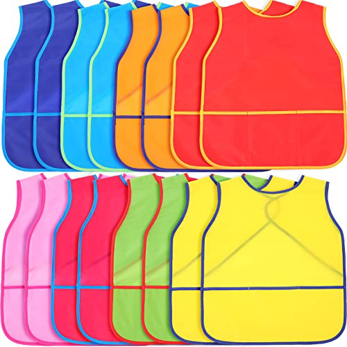 Panitay 16 Pcs Kids Painting Aprons Children Artist Smock Toddler Art Waterproof Kids Paint Smock Sleeveless Kid Painting Smocks with Pockets for Age 3-8year Gift Craft Cooking, 8 Color, Medium