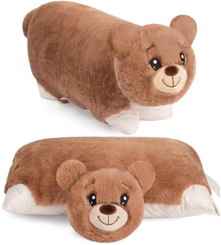 BRUBAKER Oreiller en Peluche Ours - 2 en 1 Ours et Coussin en Peluche Déployable - 40 x 30 cm - Marron