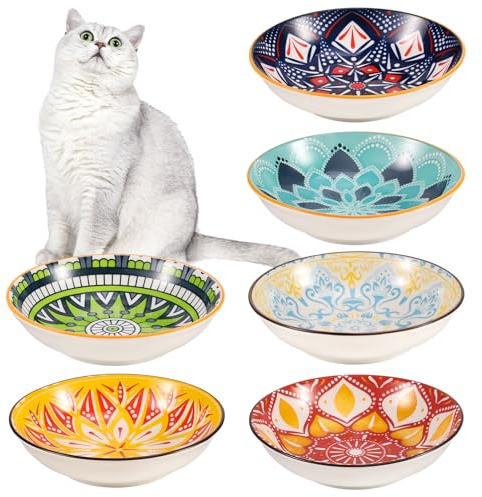 Radsocken 6 PCS Cat Bowls Ceramic, 5.5 Inches Cat Dishes and Bowl Wide Shallow Cat Food Bowls, Colorful Anti Whisker Fatigue Kitten Feeding Dishes Cats Plates for Indoor Cats Kitten