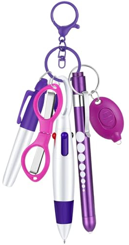 MotiMind 6 Pcs Nurse Pen Set Include Permanent Marker Pen Retractable Ballpoint Pen Keychain Clip Foldable Scissors Lights LED Flashlight Keychain for Nurse Accessories(Purple)
