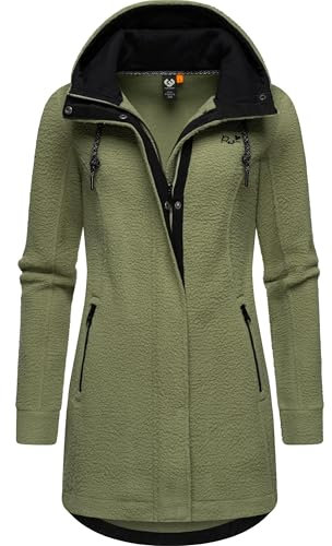 Ragwear Damen warme Teddyjacke lang Fleecemantel mit Kapuze Letti Teddy-Fleece YOUMODO Light Olive Gr. XL