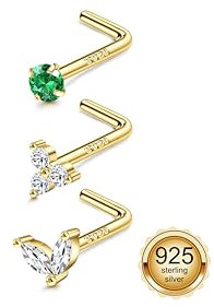 Milacolato 3 STÜCK Nasenpiercing Gold, Nasenpiercing Silber 925, L-Stift Nostril Piercing Stecker Grüner Zirkonia Schmetterling Nasenpiercings Set 0.8mm Stärke Nasenpiercings Schmuck-BG