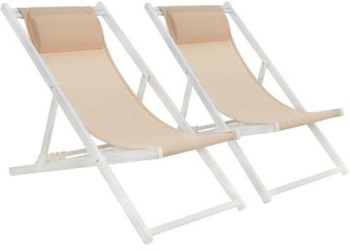 Mondeer Lot de 2 Chaise Longue Pliable, Coton Bains de Soleil Fauteuil Relax de Plage pour Intérieur et Extérieur Balcon Terrasse, 104D x 58 W x 95H cm, Beige et Blanc