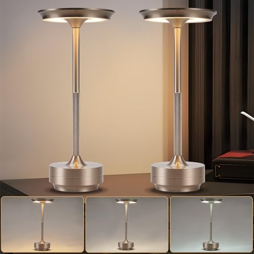 meoaow Nachttischlampe Kabellos Tischlampe Akku - LED Tischleuchte Touch Dimmbar Lampe mit USB Aufladbar Batterie Tischlampen Nickel 2er Set für Modern Fensterbank Wohnzimmer Kinderzimmer Schlafzimmer