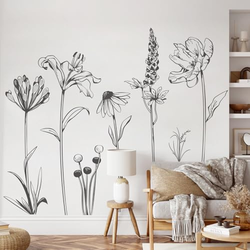 Supzone XXL Adesivi Murali Fiori 215x140cm Adesivi da Parete Fiore Nero Boho Selvatico Schizzo Semplice Decorazione Murale per Camera da Letto Soggiorno Ufficio TV Parete