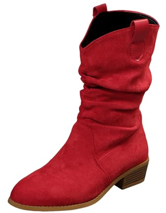 2026 Botines Mujer Botas de Mujer en Color Sólido, Sencillo Punta Puntiaguda, Ante Plisado, Tacón Grueso, Mangas, Botas hasta la pantorrilla, rojo, 39 EU