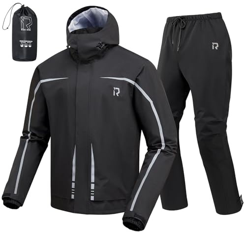 RIDEIRON Tuta antipioggia da moto Completo,Giacca antipioggia moto uomo con cappuccio staccabile Impermeabile Riflettente Leggera Antivento Da esterno per ciclisti,Nero XXXL