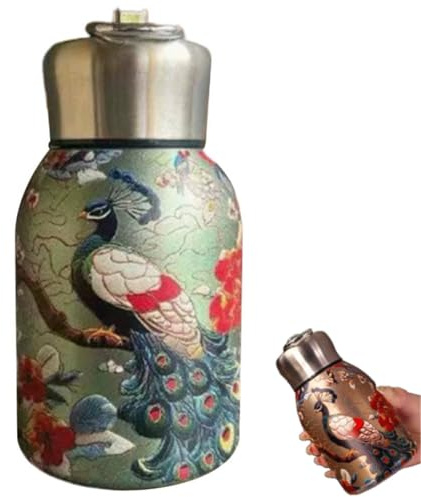 Stylish & Portable Insulated Water Bottle, Keep Drinks Hot or Cold, Hot Cold 24h, Peacock Floral Tea Pot, Stainless Steel Thermal Coffee Thermo, Vintage Flower Pattern Water Bottle (Green Peacock)