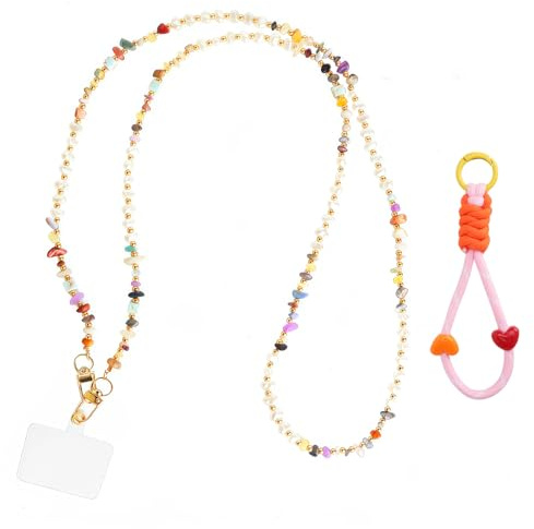 XRVRILE 1 cadena de perlas para teléfono móvil con 1 parche con llavero, cordón para teléfono móvil, cordón antipérdida, colgante de piedra natural, compatible con smartphones para mujeres y niñas de