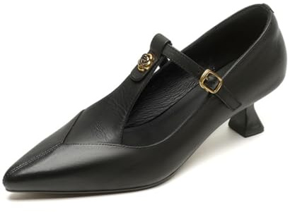 Generico Scarpe Mary Jane Donna Punta Affusolata con Cinturino A T Tacco Kitten Dettaglio in Metallo Design Traf orato Plantare Morbido Comfort Elegante,Nero,37 EU