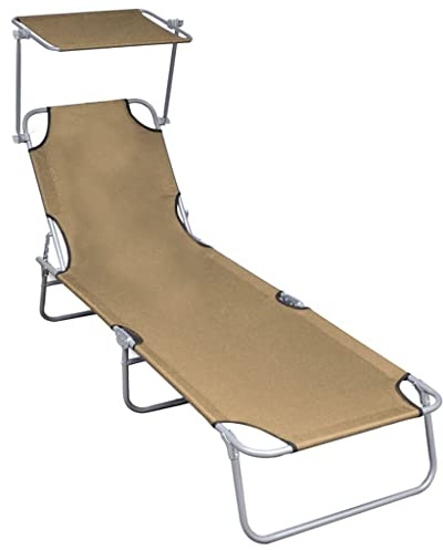 Fisinber Lettino da giardino con tettuccio parasole, pieghevole, in alluminio, per giardino, spiaggia e piscina, schienale regolabile, sedia a tre gambe pieghevole, 188,5 x 57,5 x 27 cm