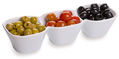Restaurantware 18 Ounce Triple Bowl Serving Dish 1 Square Porcelain Condiment Tray - Serve Snacks Dips or Condiments For Parties Buffets Or Catering White Porcelain 3 Section Serving Dish