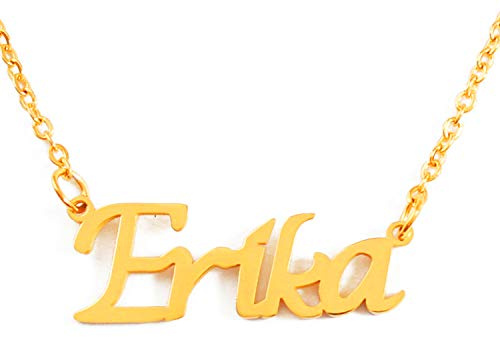Kigu Erika - Collar con nombre personalizado chapado en oro de 18 quilates, colgante con nombre delicado, joyería para damas, novia, madre, hermana, amigas, incluye bolsa y caja, Oro