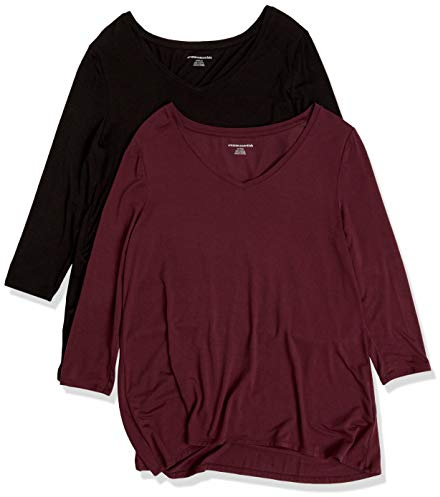 Amazon Essentials T-Shirt Swing con Maniche a 3/4 e Scollo a v (Taglie Forti Disponibili) Donna, Pacco da 2, Nero/Bordeaux, XXL